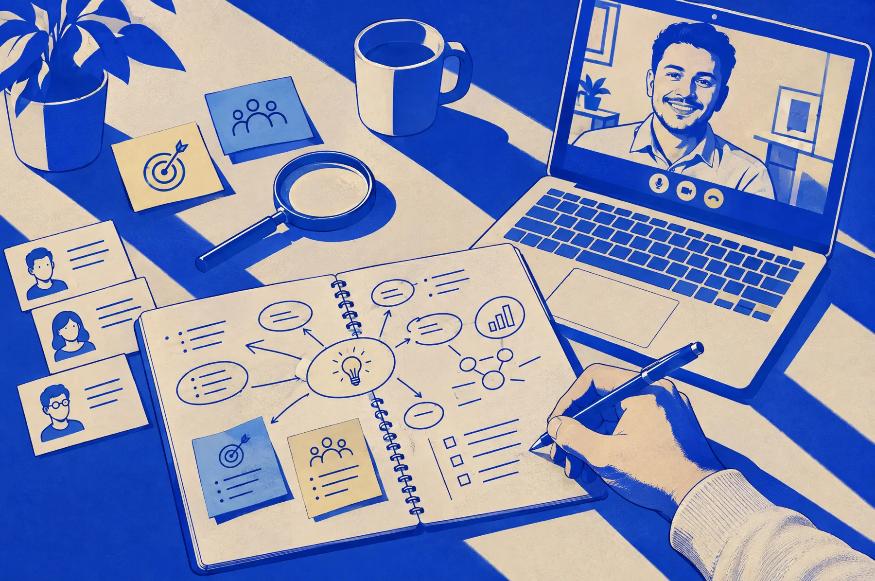 Desk with mind maps, persona cards and a client video call