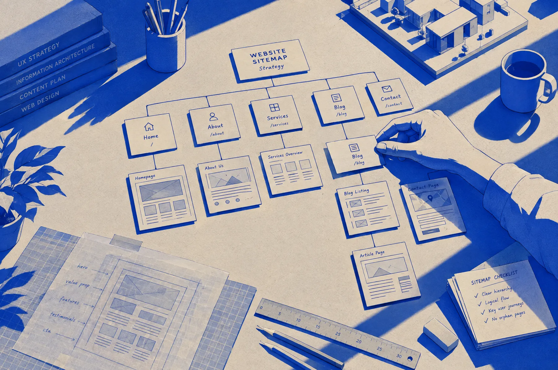 Website sitemap cards arranged on a desk