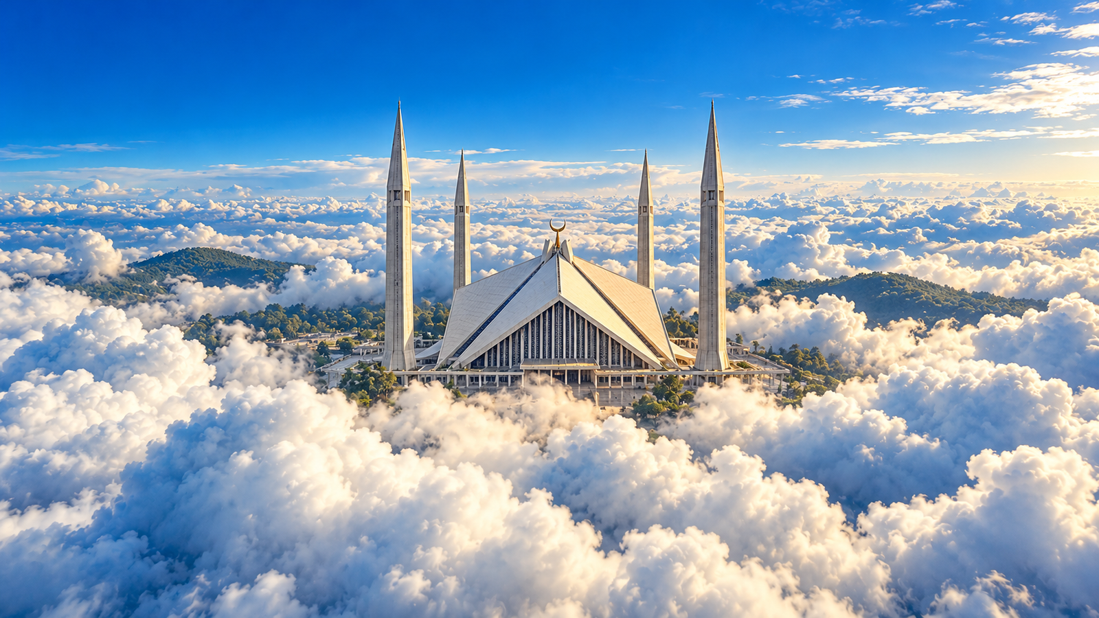 Faisal Mosque rising above the clouds, the final scene of the scroll animation website